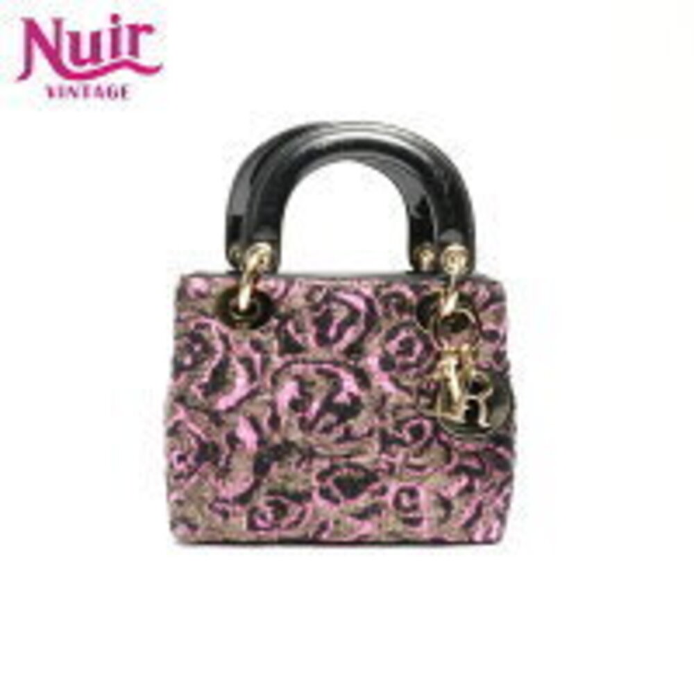 Christian Dior Patent Vernis Leather Lady Rose Pink Wool Handbag Black Pink